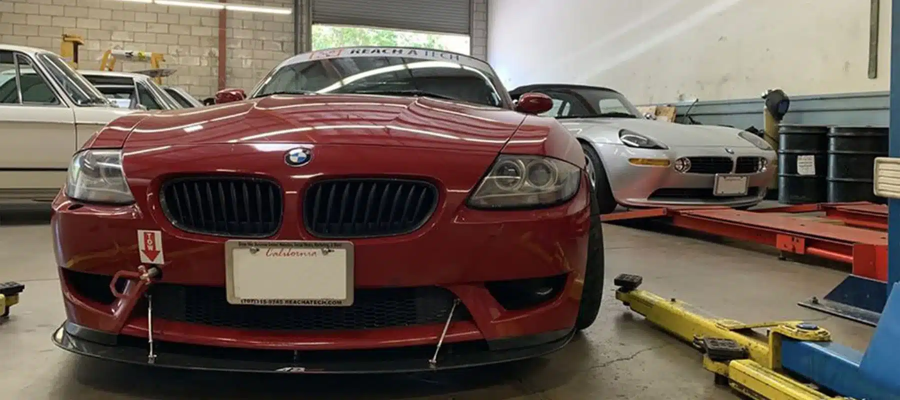 Closeup of red BMW in the shop
